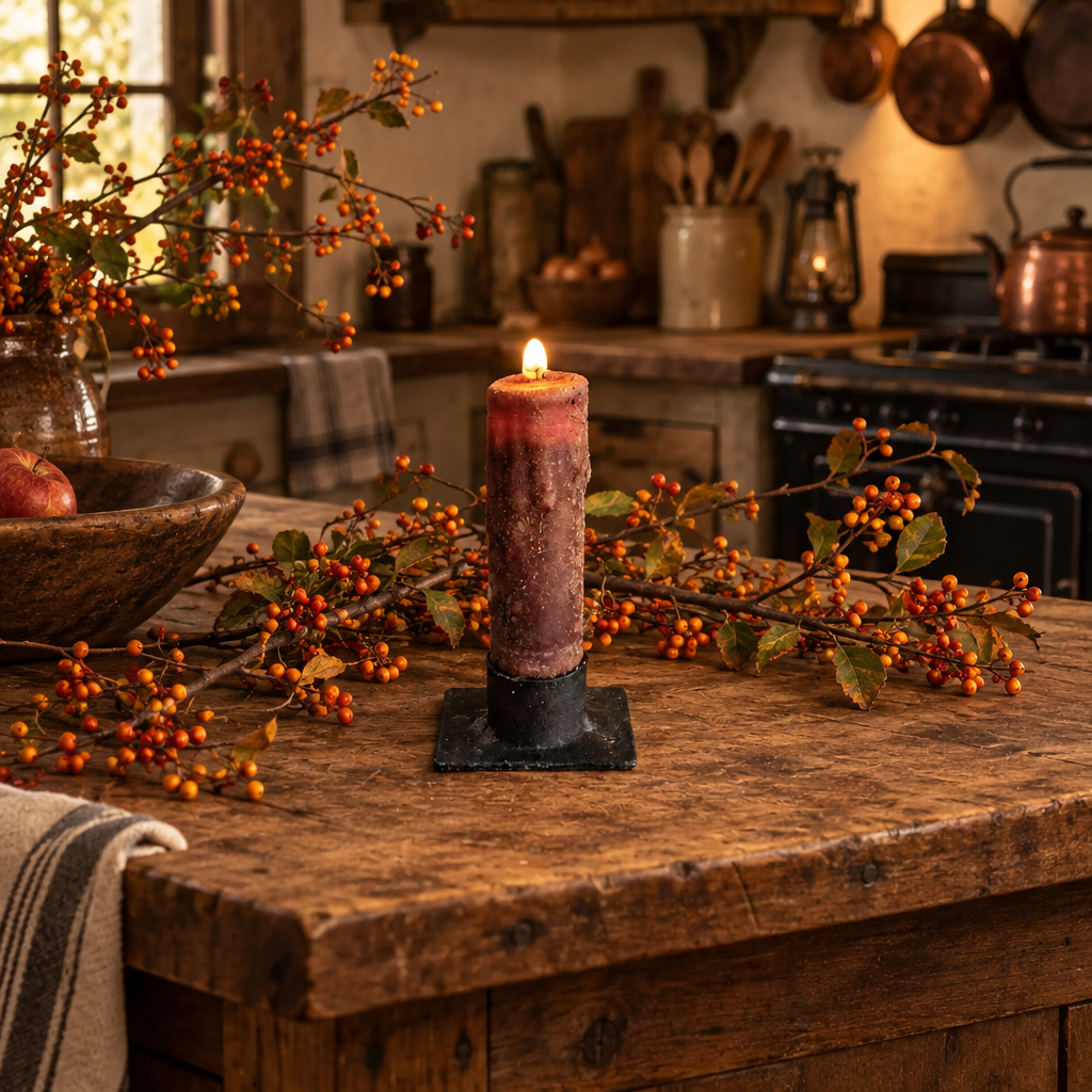 A lit cylindrical candle in a black metal holder sits on a rustic wooden table, surrounded by berry branches in a warm, cozy kitchen setting.