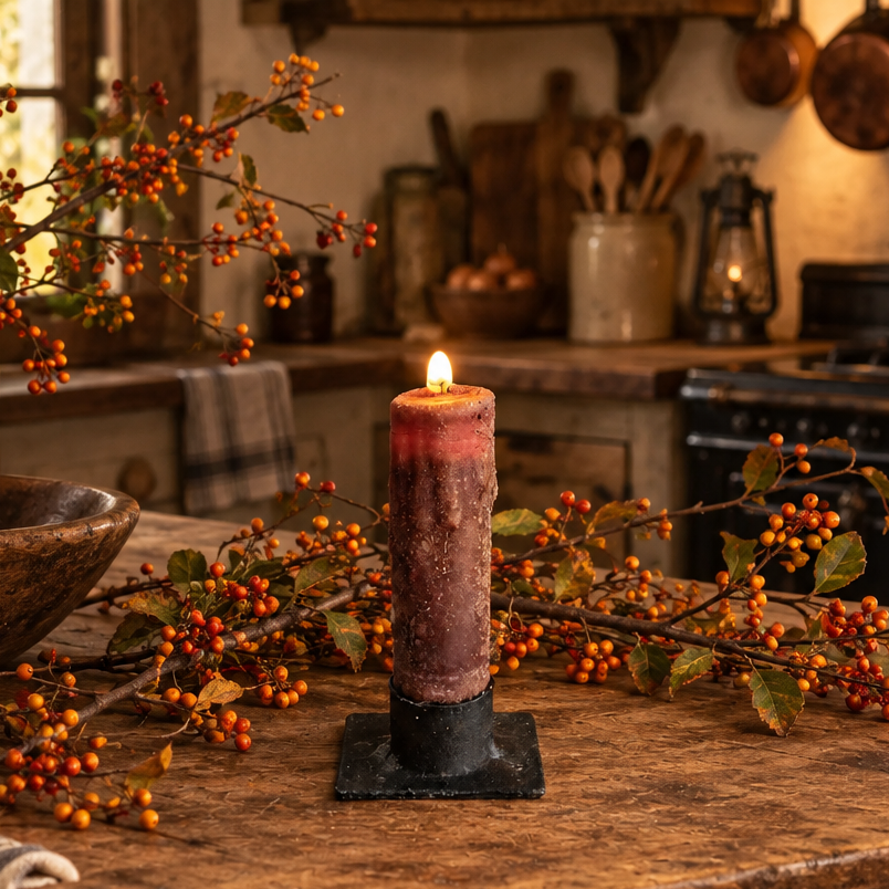 A lit cylindrical candle in a black metal holder sits on a rustic wooden table, surrounded by berry branches in a warm, cozy kitchen setting.