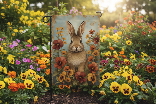 Decorative garden flag with a rabbit design in a colorful flower garden.