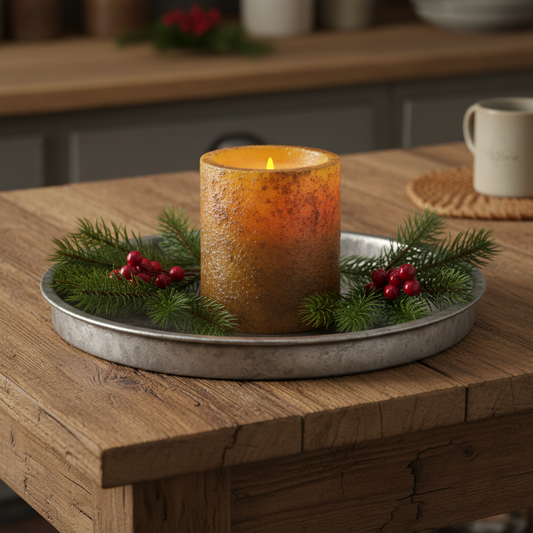 Flickering candle on a metal tray with greenery and berries on a wooden table