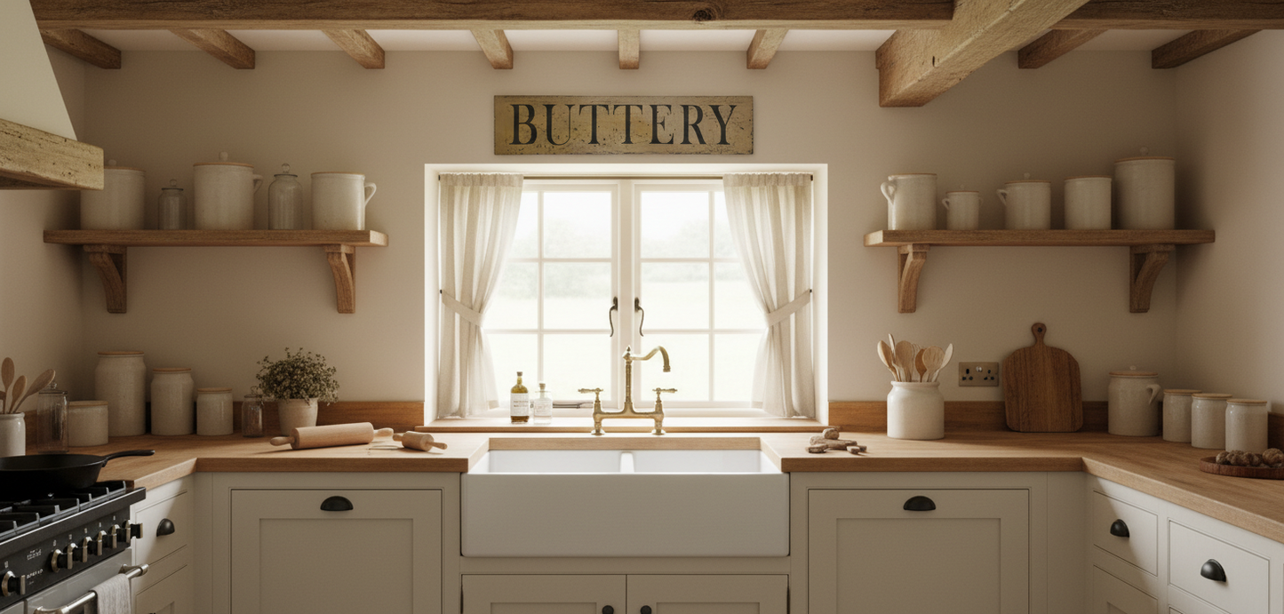 Cozy kitchen with wooden shelves, a window, and a sign reading 'Buttery'.