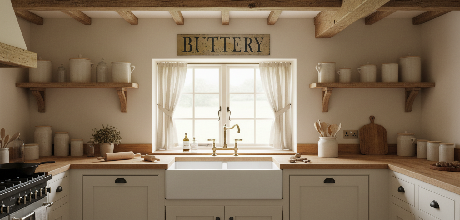 Cozy kitchen with wooden shelves, a window, and a sign reading 'Buttery'.