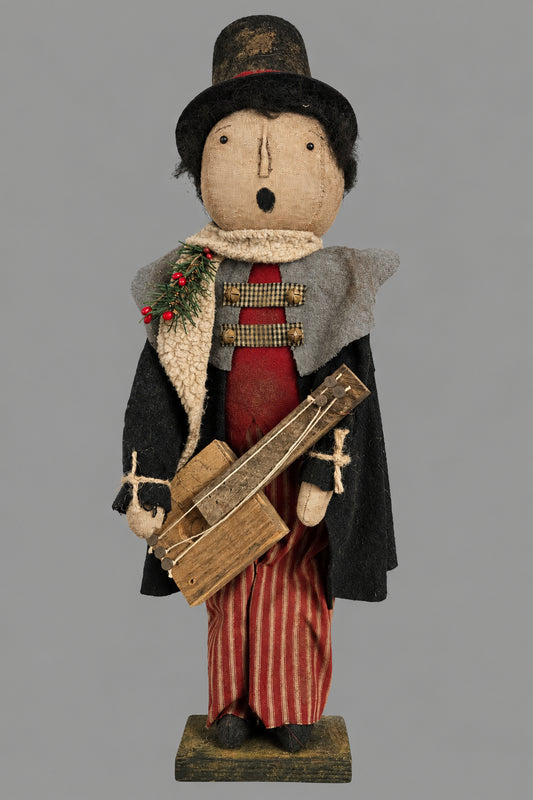 Doll figure of a caroler with a guitar standing on a wood base against a grey background.