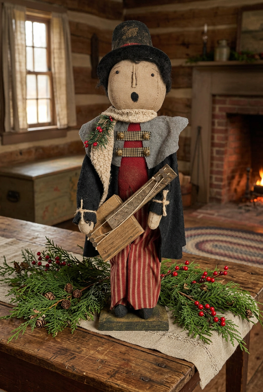 Primitive caroler doll on table in primitive home with fresh cedar greens and berries.