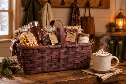 Basket filled with tasty treats next to a steaming cup of hot cocoa.