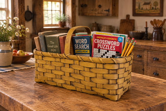 Basket of books and word puzzles along with a jar of pencils in a primitive room.