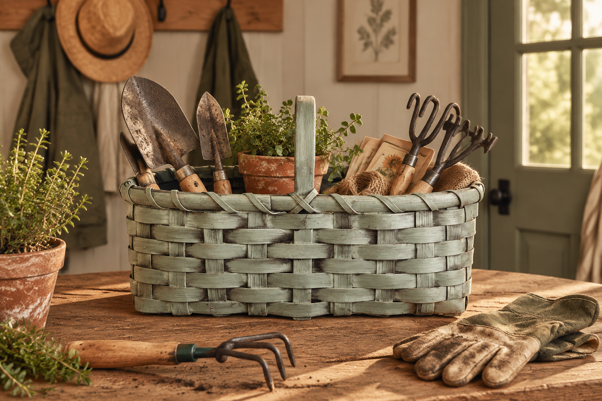 Basket of garden tools in a mudroom.