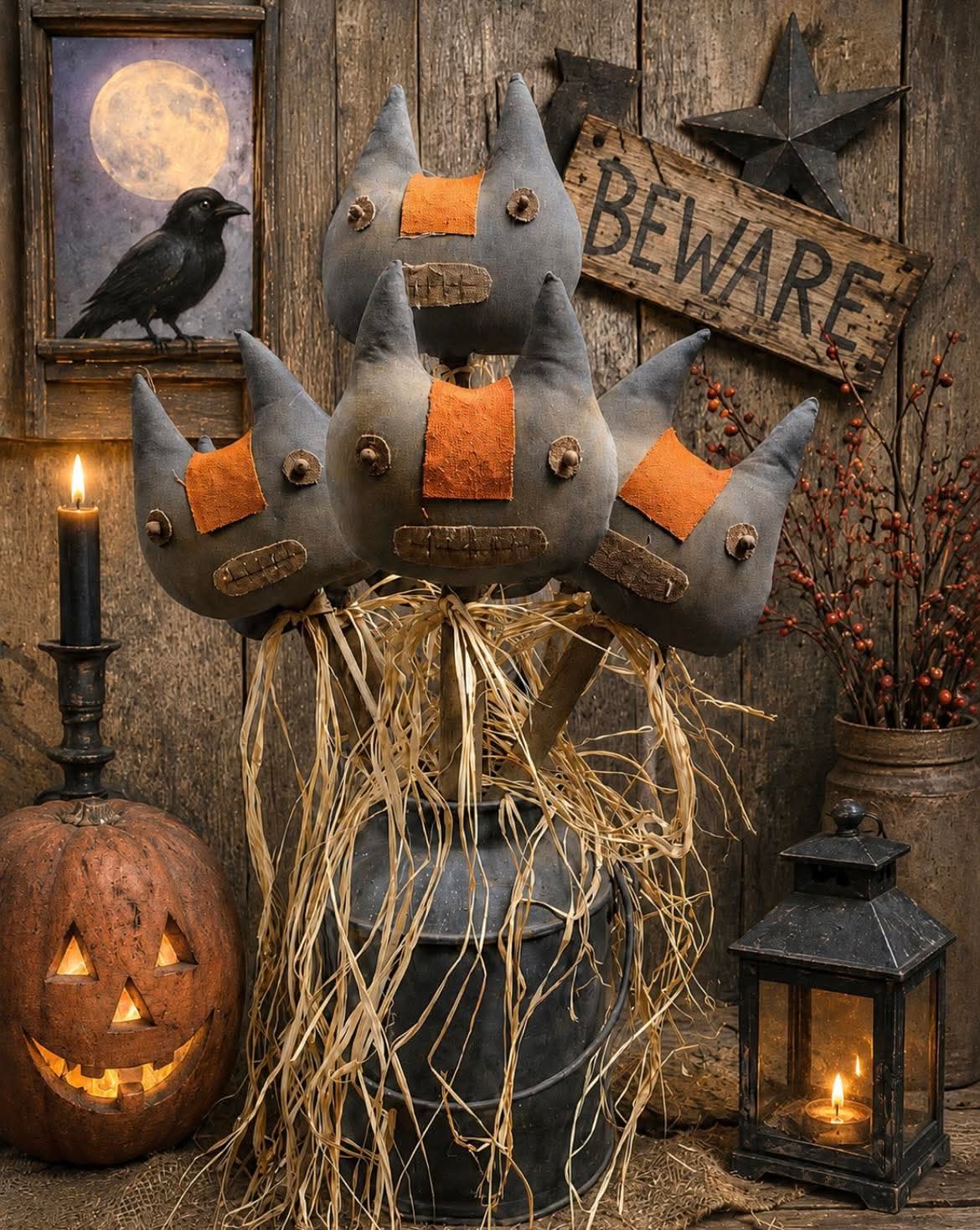Halloween decorative arrangement featuring four gray cat-shaped ornaments with orange patches and stitched faces, mounted on a galvanized metal bucket with straw around the base, styled against a rustic wood plank wall with candles, a jack-o'-lantern, lantern, star, and a 'BEWARE' sign.
