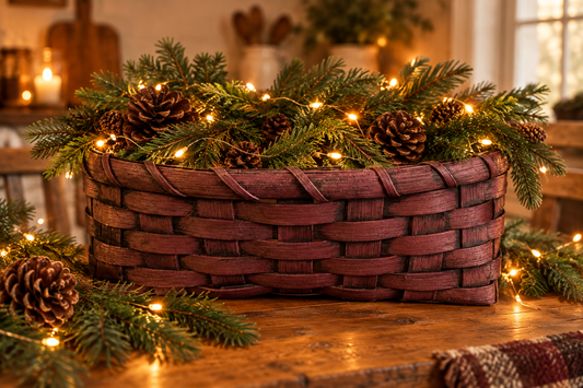 Centerpiece basket with fresh evergreens, pinecones, and rice lights on an antique table.