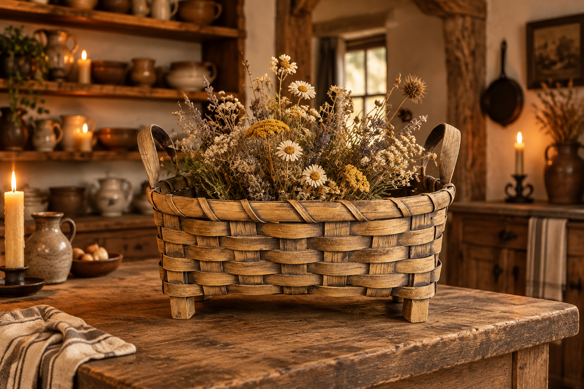 Centerpiece basket with dried flowers on primitive kitchen table.
