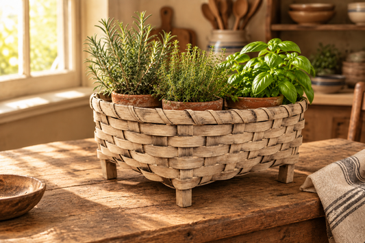 Centerpiece basket with potted herbs on an antique kitchen table.