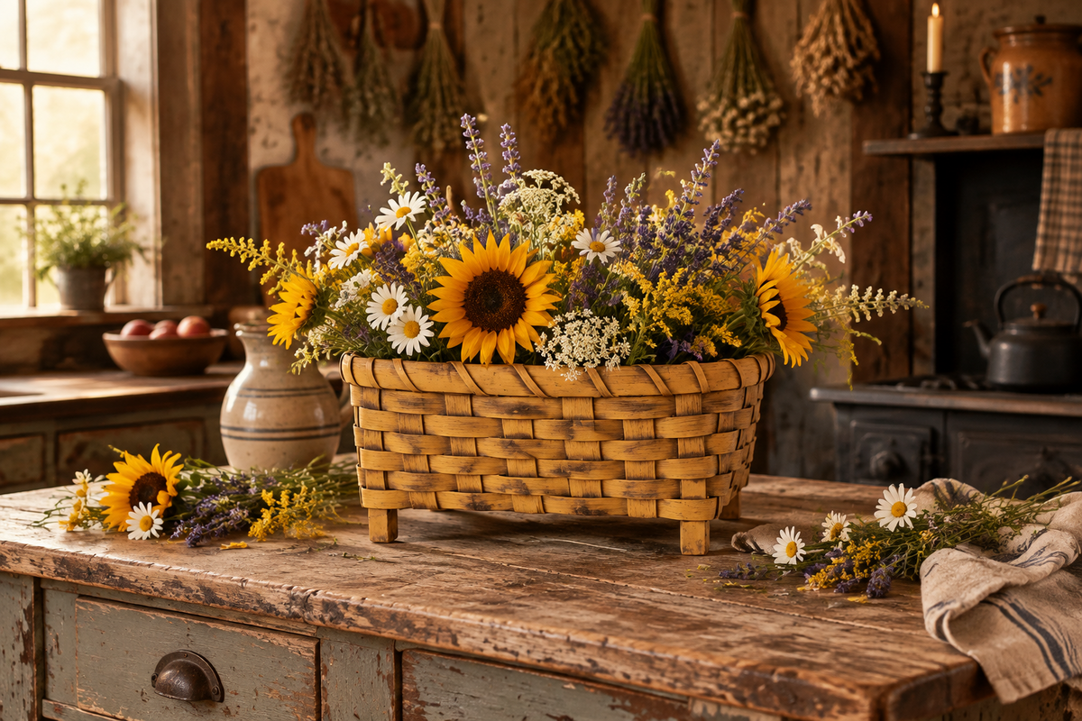 Centerpiece basket with fresh flowers in a primitive kitchen.