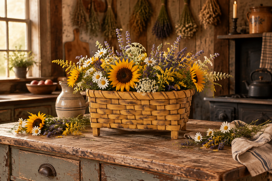 Centerpiece basket with fresh flowers in a primitive kitchen.