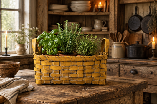 Primitive Centerpiece Basket with Handles Mustard