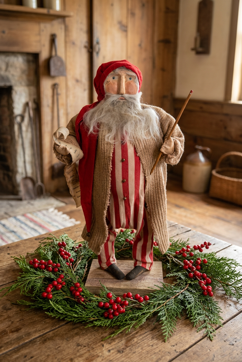 Primitive clay faced santa with a list on table with fresh cedar greens and berries.