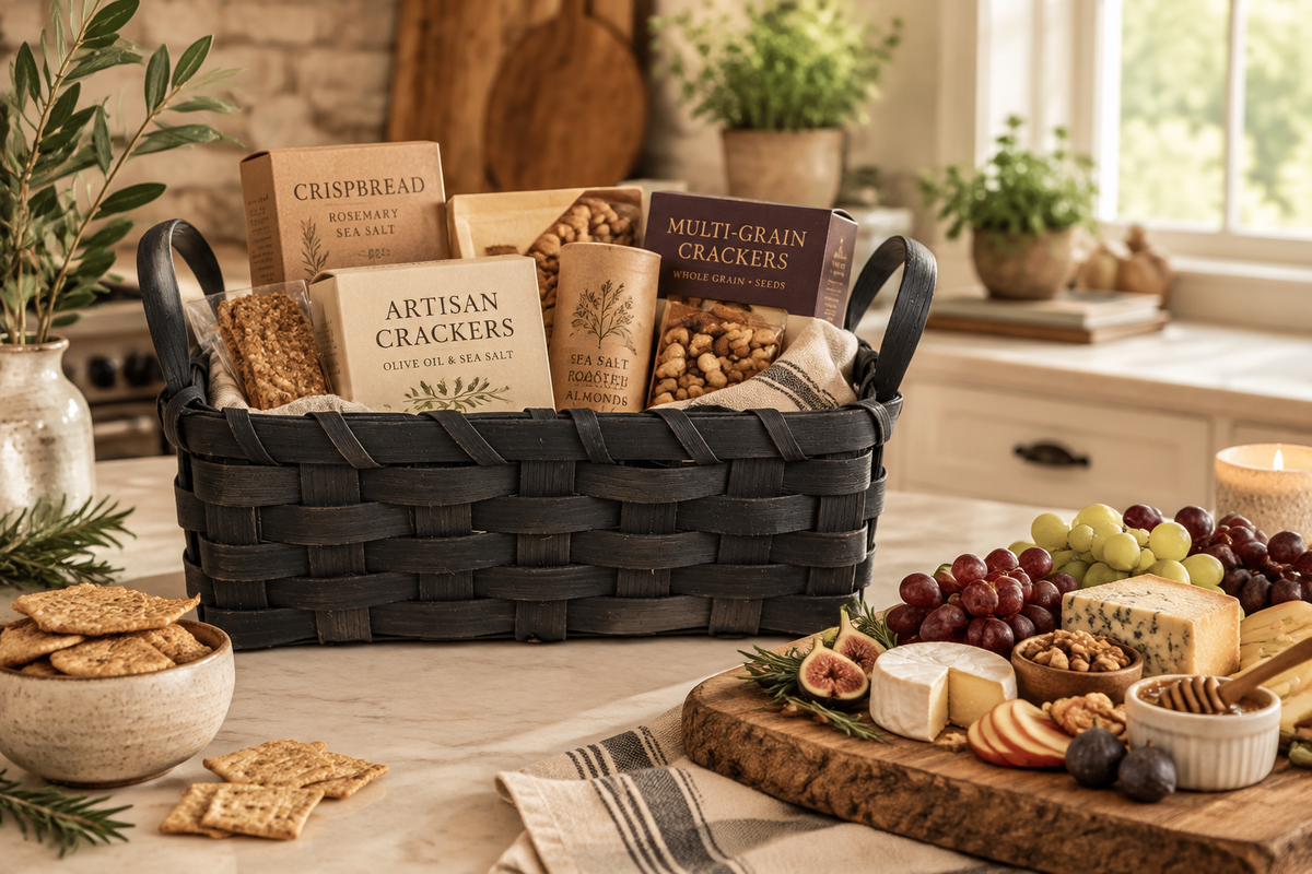 Basket of crackers next to a cheeseboard in a farmhouse kitchen.