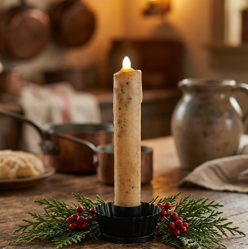 Cream nubby battery operated taper on wood table with greens and berries in kitchen setting.
