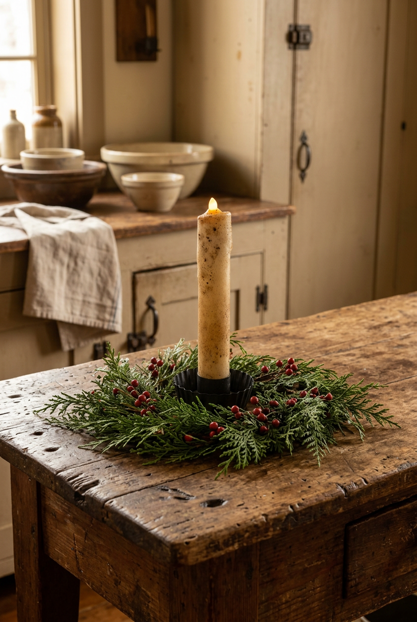 Primitive cream nubby LED timer taper candle on wooden kitchen island surrounded by fresh greens and berries in a kitchen setting.