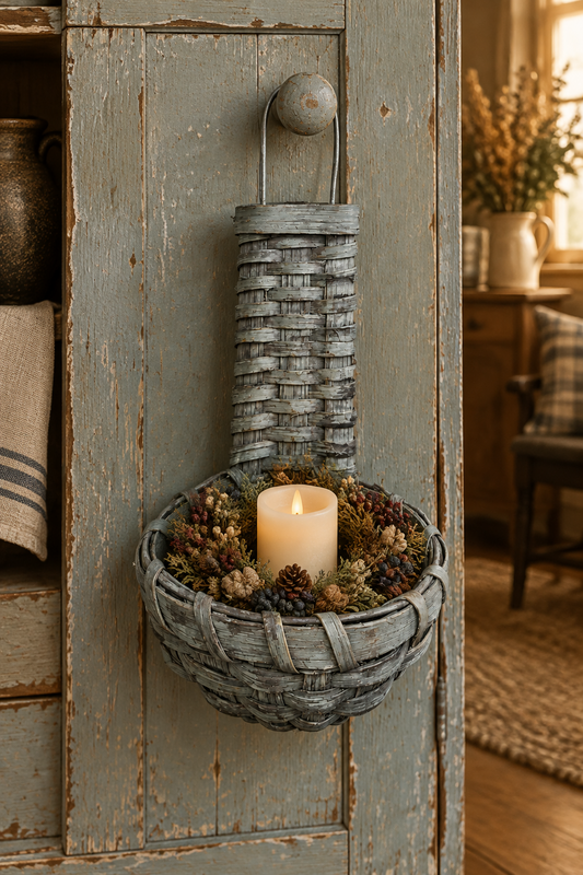 Basket with candle ring and pillar candle hanging from a knob of an antique cupboard.