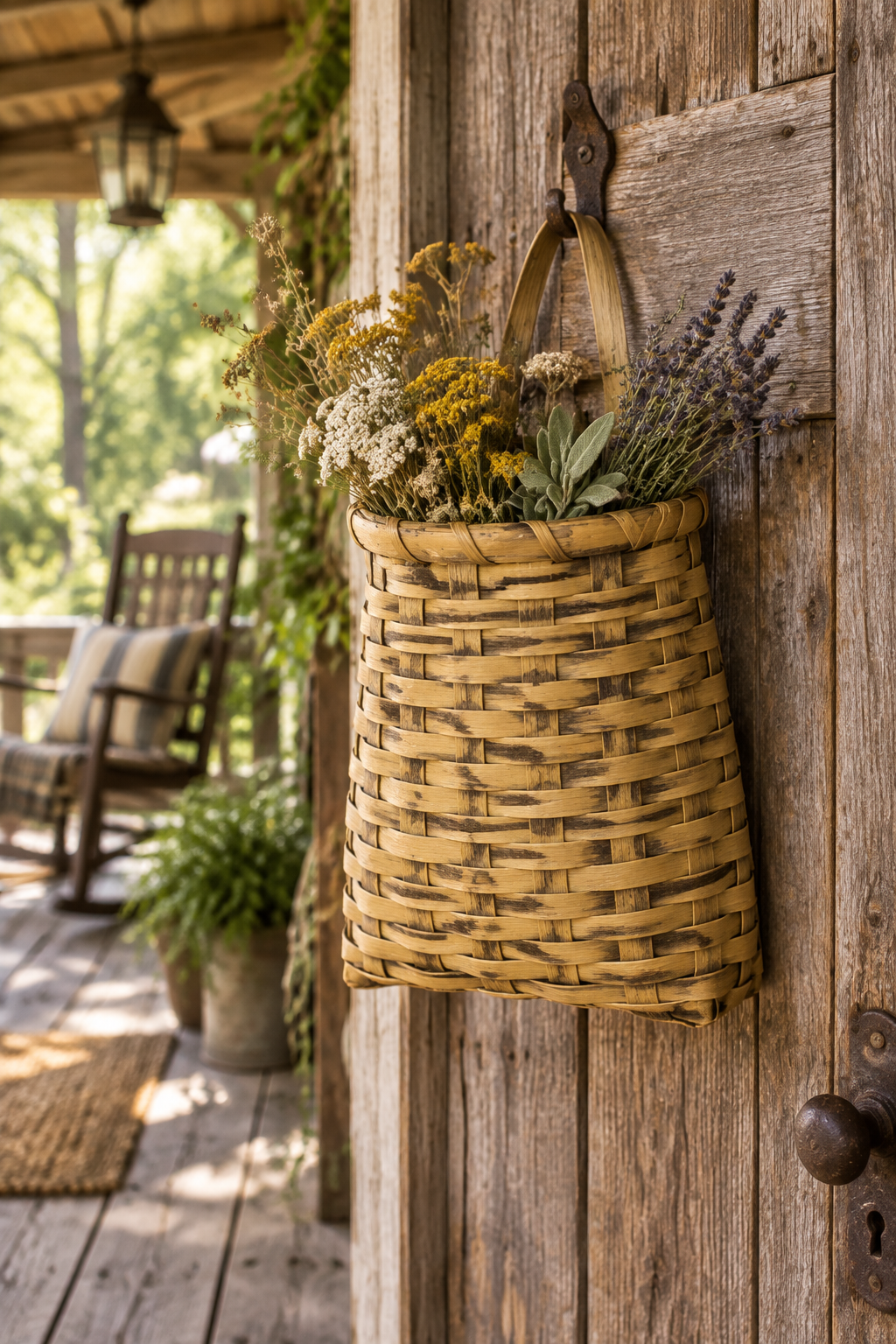Woven door basket with dried flowers on a rustic porch.