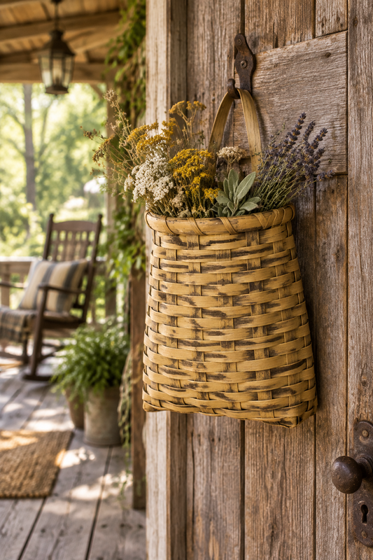 Woven door basket with dried flowers on a rustic porch.