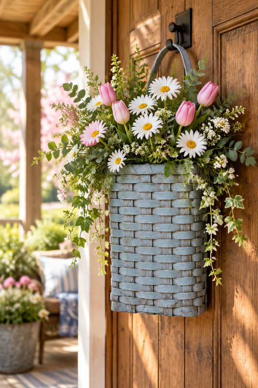 Basket with fresh flowers hanging from a door on a covered porch.