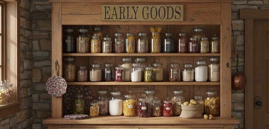Wooden shelf with jars labeled 'Early Goods' against a stone wall.