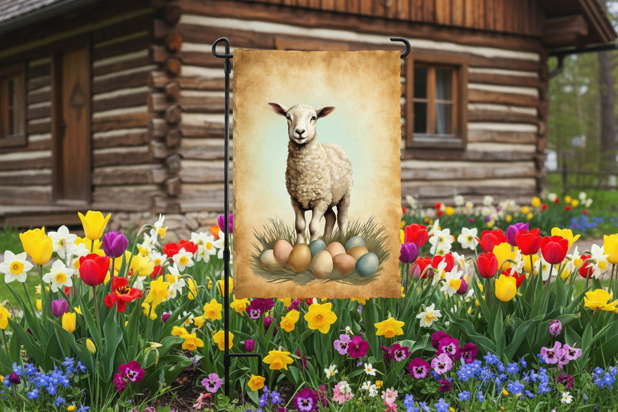 Decorative garden flag with a sheep and Easter eggs in front of a log cabin and colorful flowers.