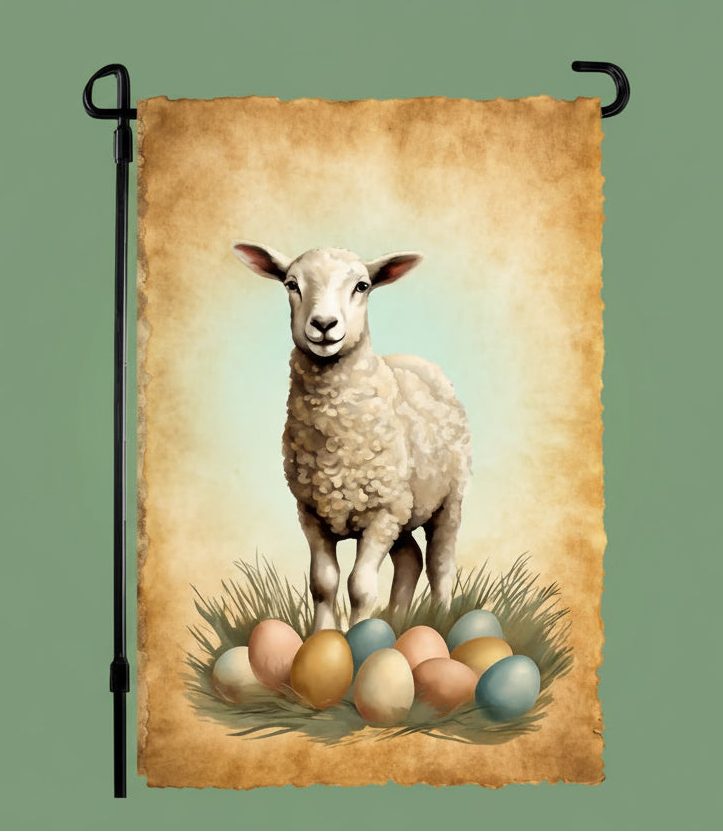 Decorative flag with a lamb and Easter eggs on a vintage background.