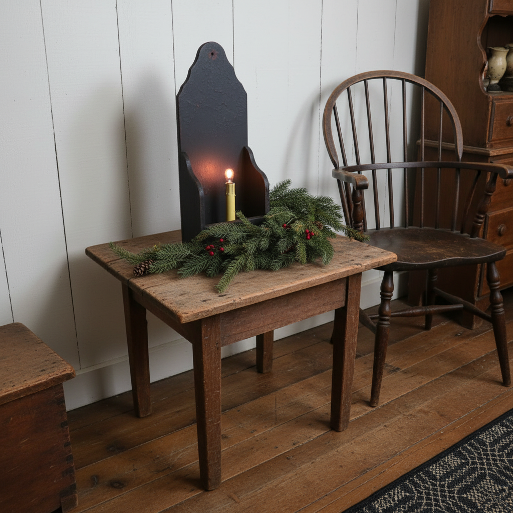 Vintage wooden table with a candle and greenery, surrounded by rustic furniture in a room with white walls.
