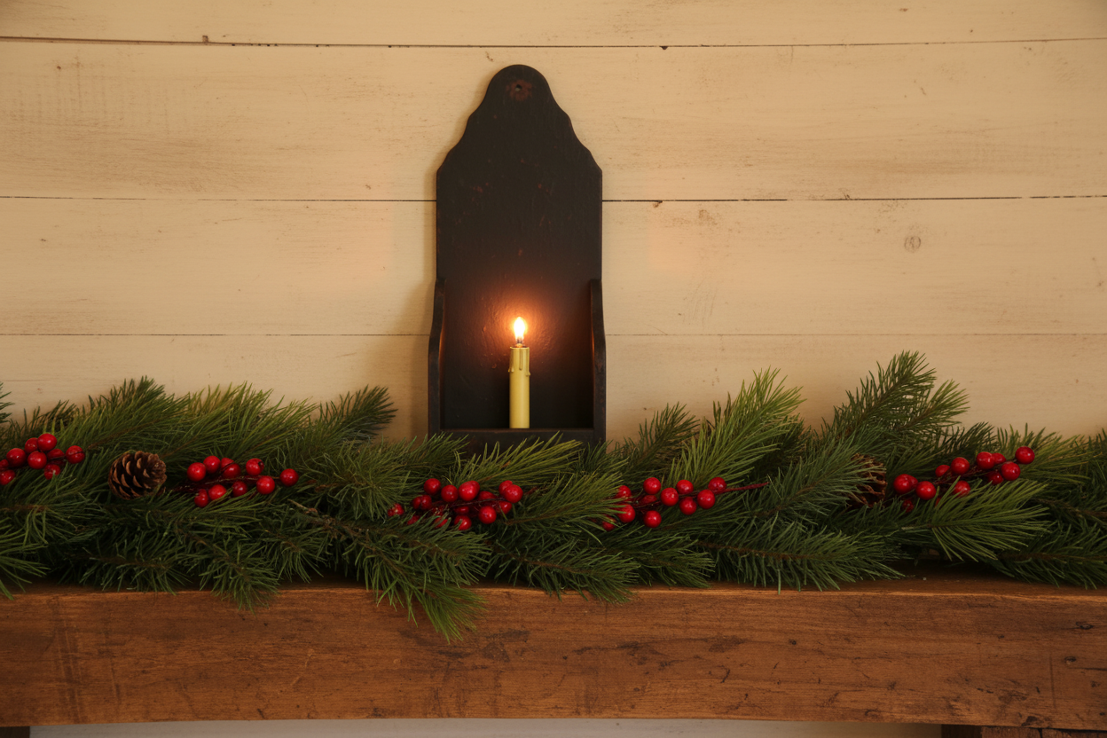 Decorative Christmas mantel with garland, candles, and holly berries against a wooden wall.