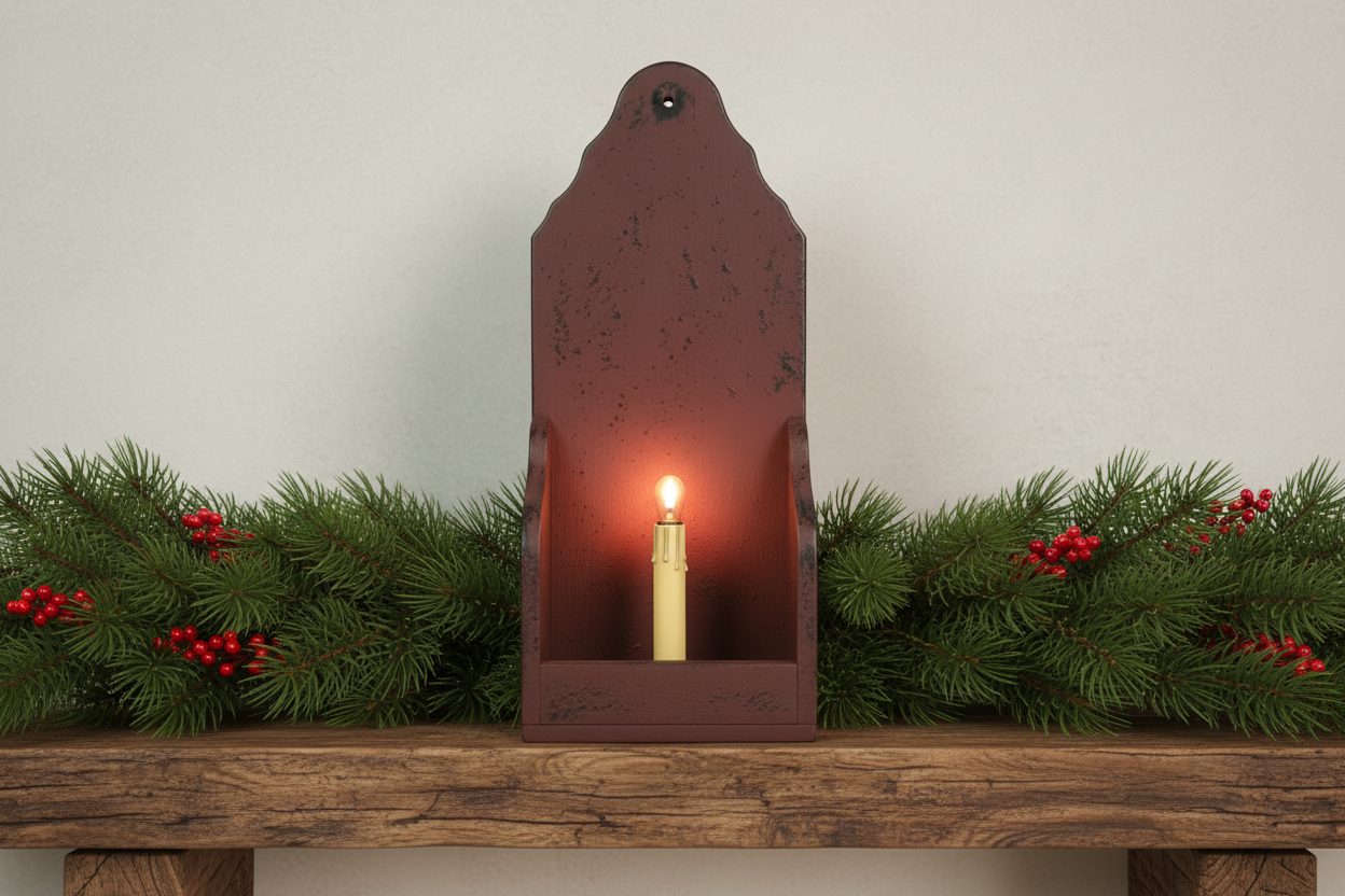 Decorative wall sconce with a candle on a wooden shelf with greenery and berries.