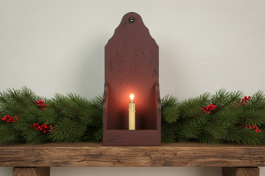 Decorative wall sconce with a candle on a wooden shelf with greenery and berries.