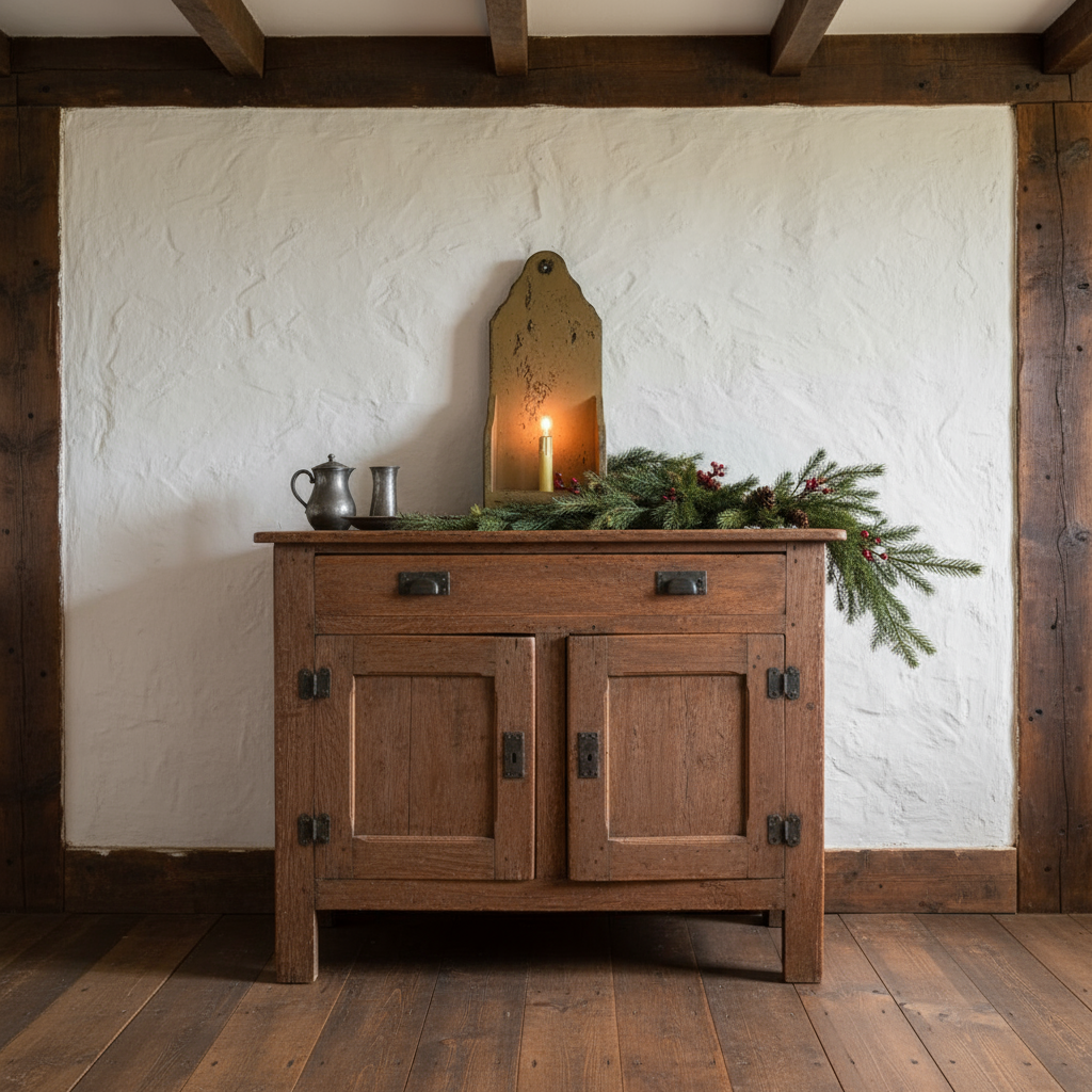 Wooden sideboard with decorative items against a white wall.