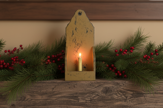 Decorative candle holder with a lit candle surrounded by greenery and red berries on a wooden surface.
