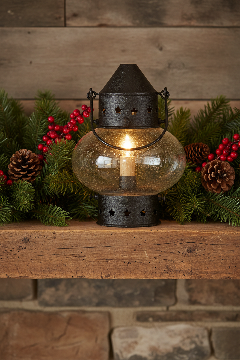 Primitive fat onion lamp on mantel with fresh greens and berries