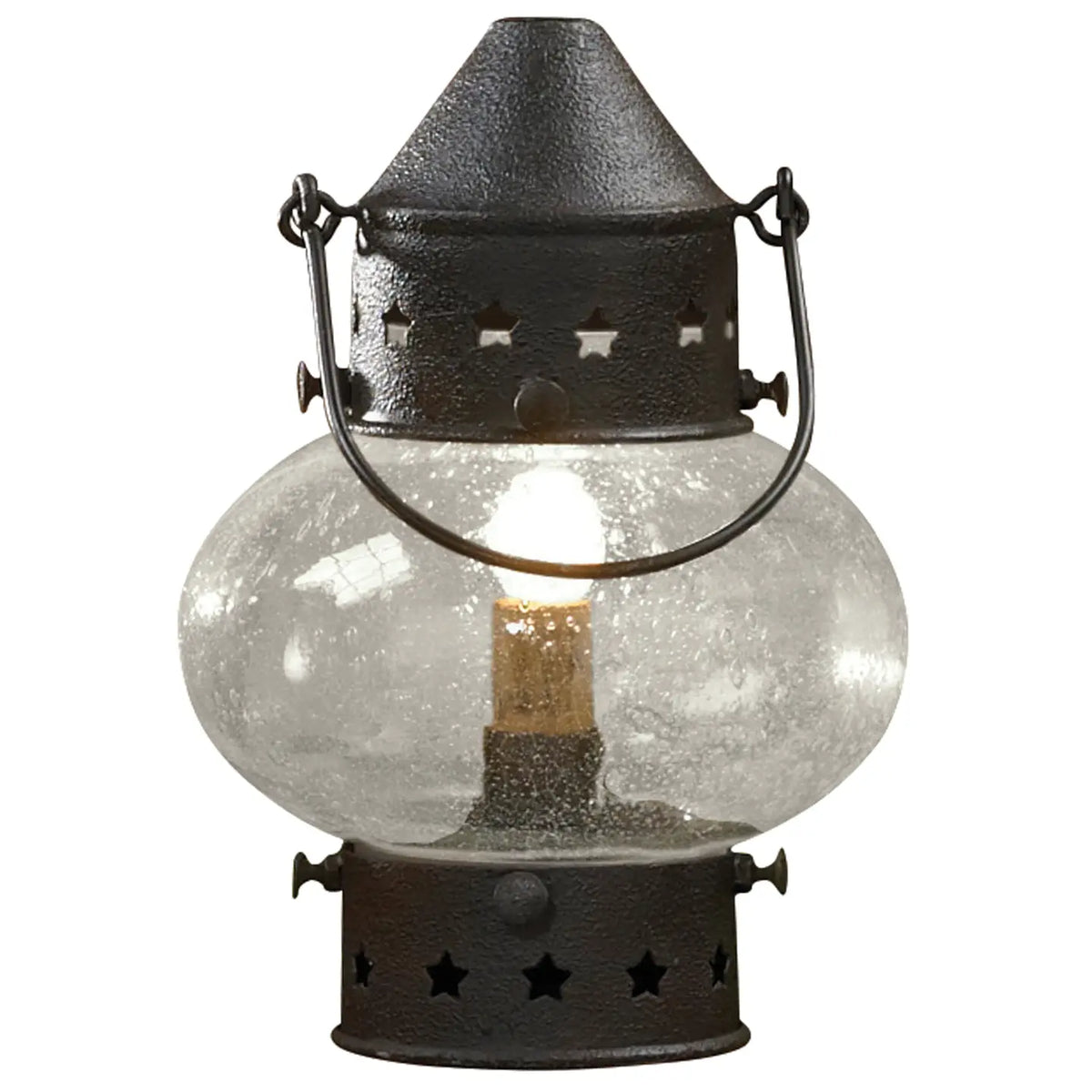 Decorative lantern with clear glass and black metal design on a white background