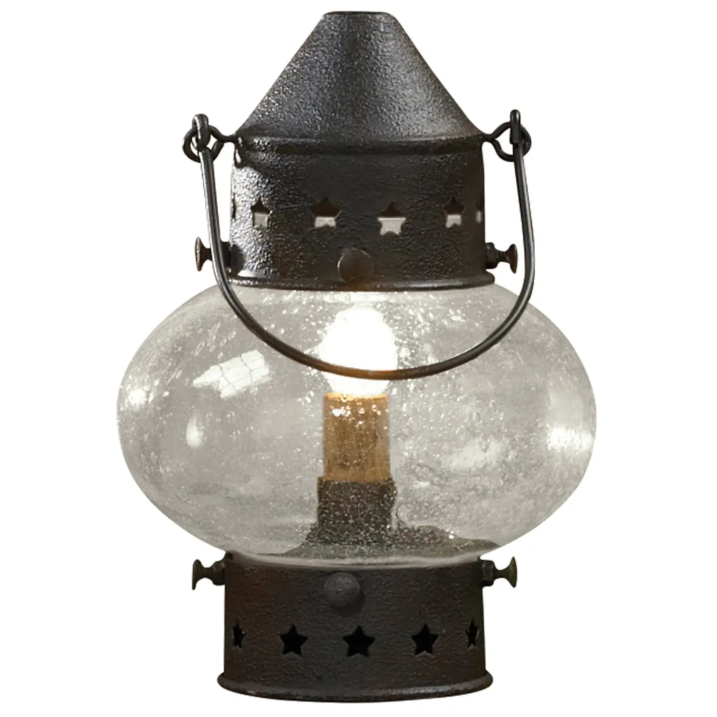 Decorative lantern with clear glass and black metal design on a white background