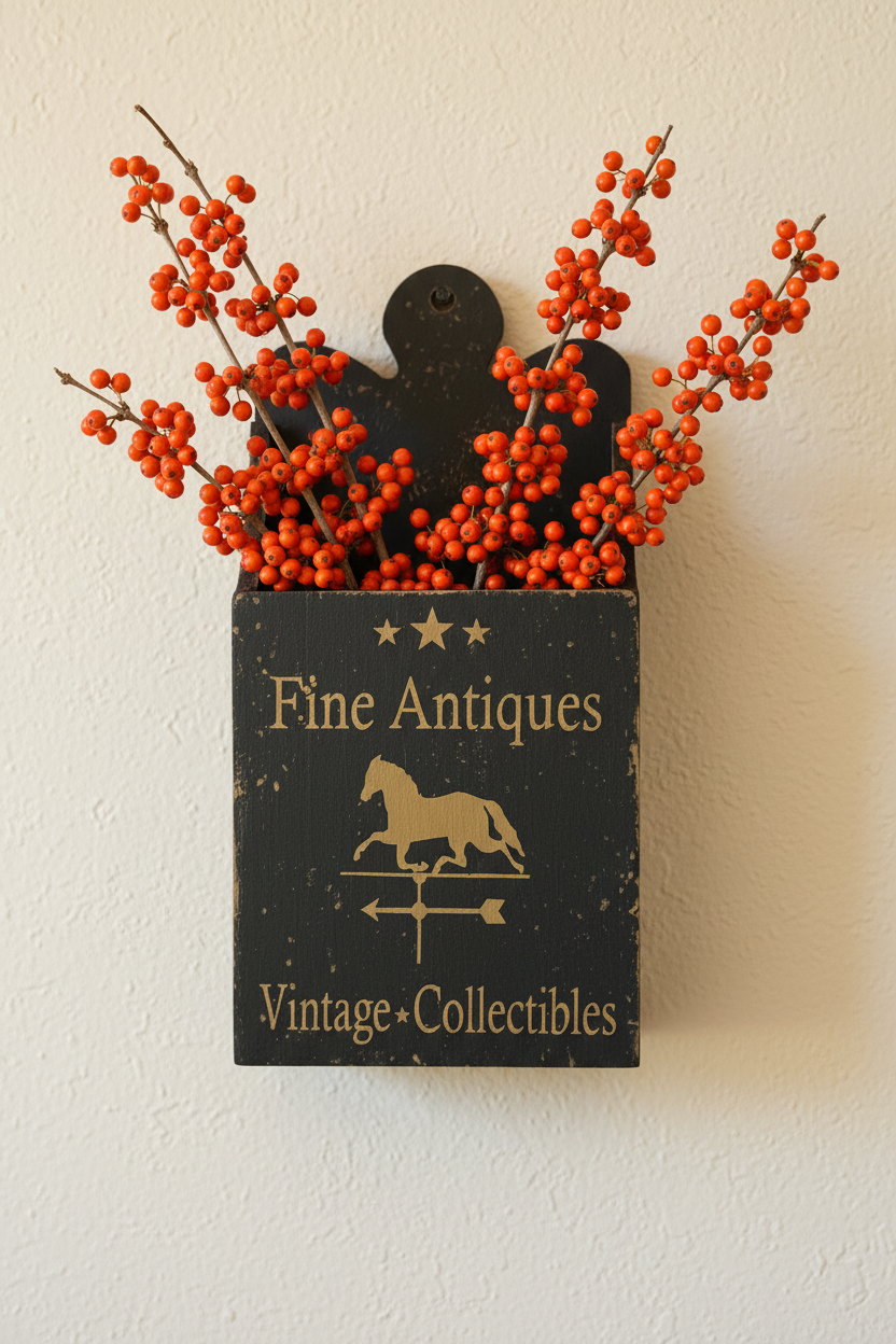Decorative wood box with 'Fine Antiques' and 'Vintage Collectibles' text, featuring a horse weathervane
