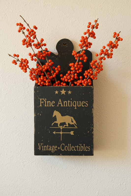 Decorative wood box with 'Fine Antiques' and 'Vintage Collectibles' text, featuring a horse weathervane