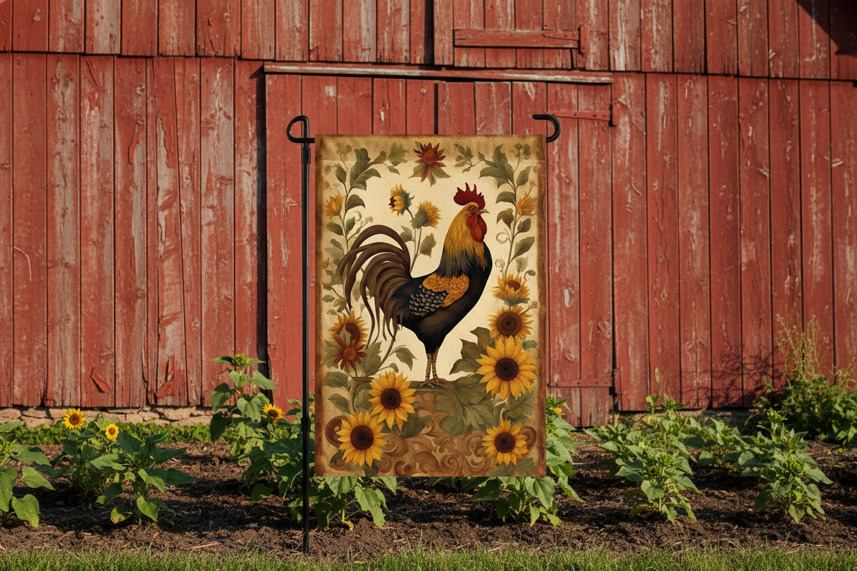 Decorative garden flag with a rooster and sunflowers in front of a red wooden barn.