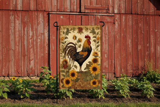 Decorative garden flag with a rooster and sunflowers in front of a red wooden barn.
