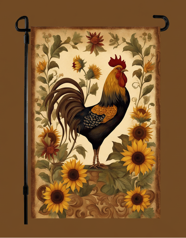 Decorative garden flag with a rooster and sunflowers on a brown background.