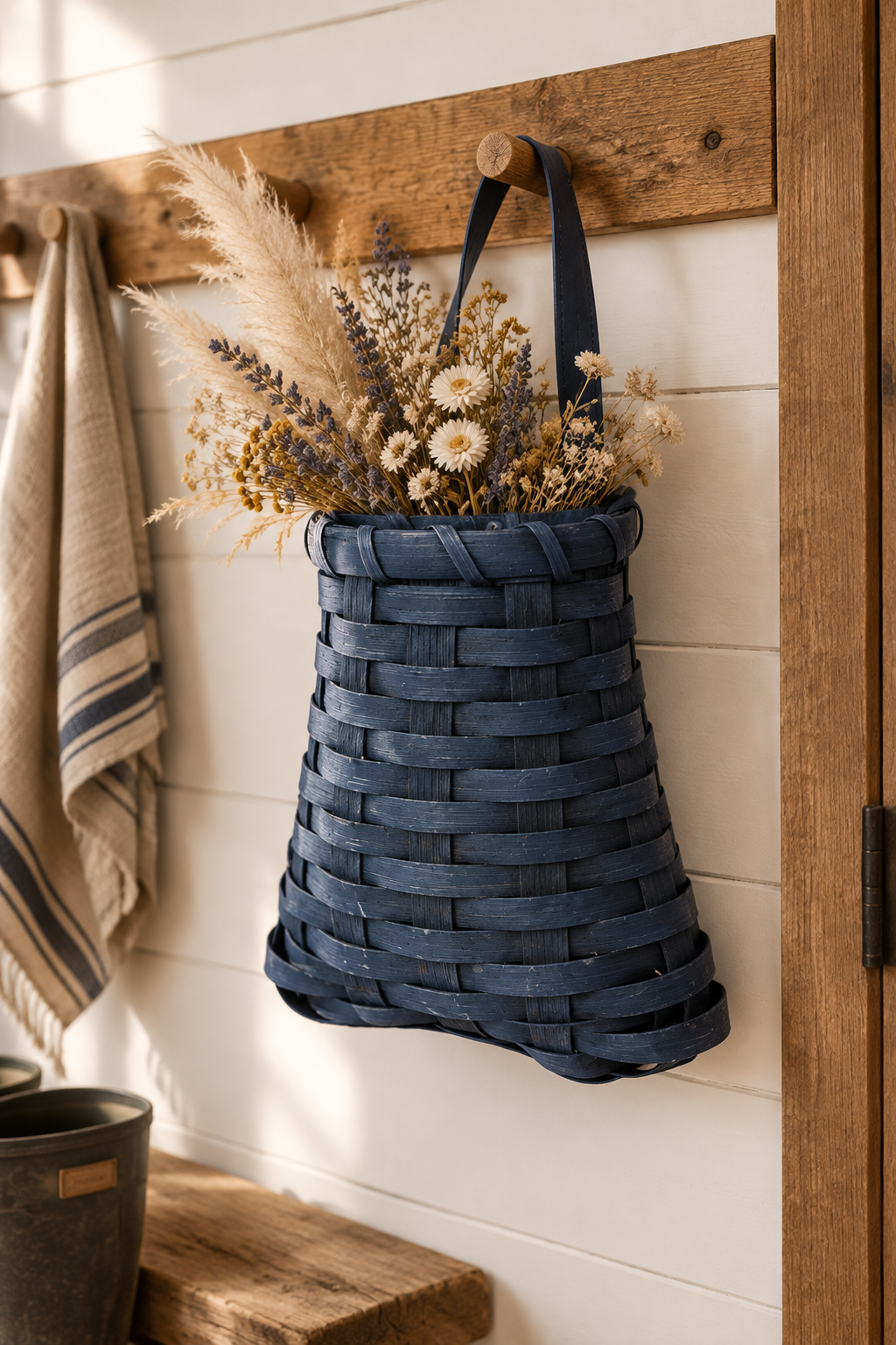 Blue basket with dried flowers hanging from a shaker peg in a mudroom.