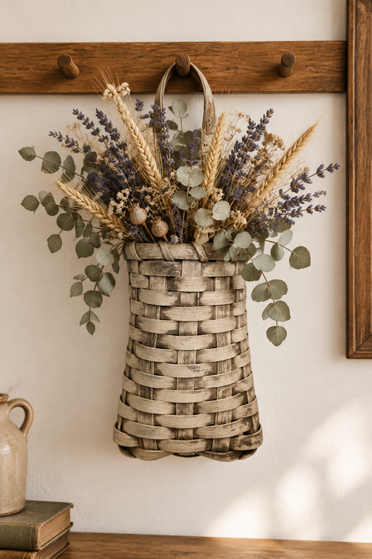 Buttermilk color basket with dried flowers hanging from a shaker peg rack.