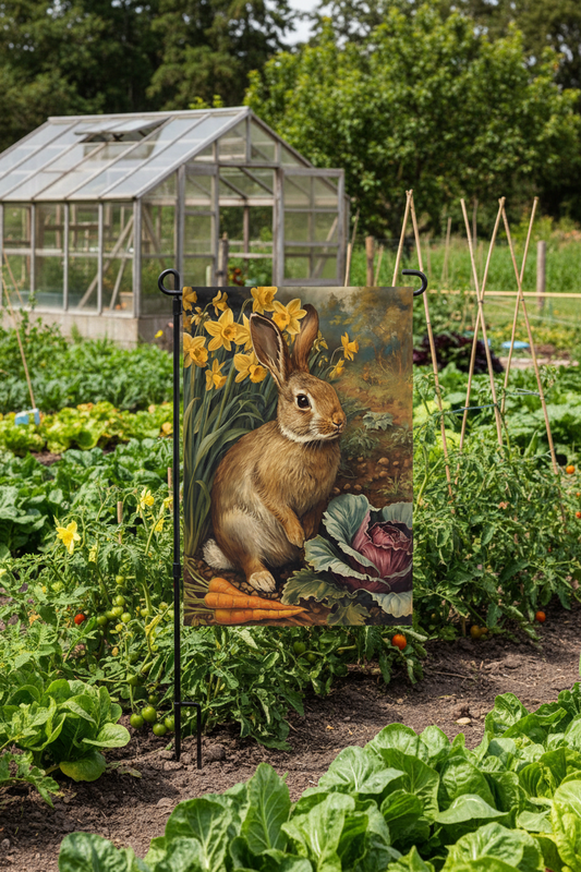 Decorative garden flag with a rabbit design in a garden setting
