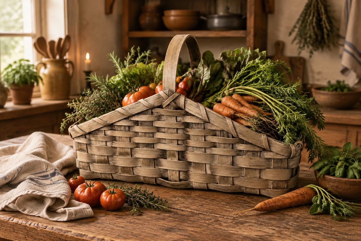 Basket filled with fresh produce from the garden in a primitive kitchen.