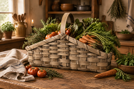 Basket filled with fresh produce from the garden in a primitive kitchen.