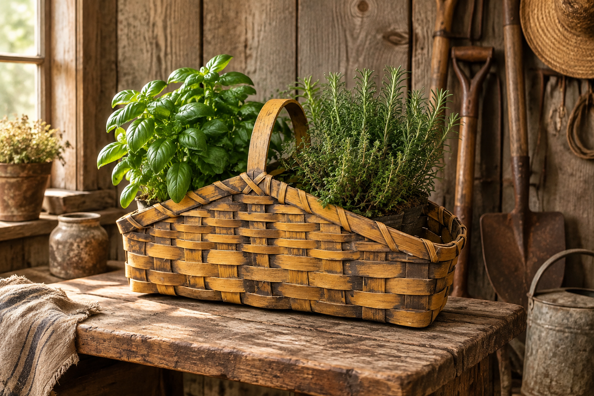 Basket with potted herbs in a mudroom with garden tools.