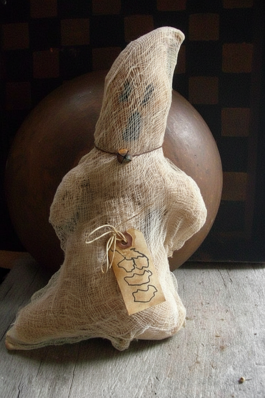 A rustic Halloween ghost doll made from beige gauze fabric, featuring embroidered black eyes and mouth details, a brown string neck, and a hanging paper tag, set against a dark checkered background and wooden surface.